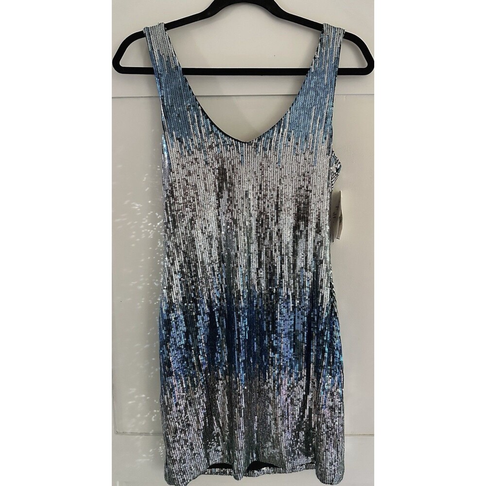 As U Wish Mini Bodycon Blue Silver Hombre Sequin Sexy Cocktail Club Dress Sz L